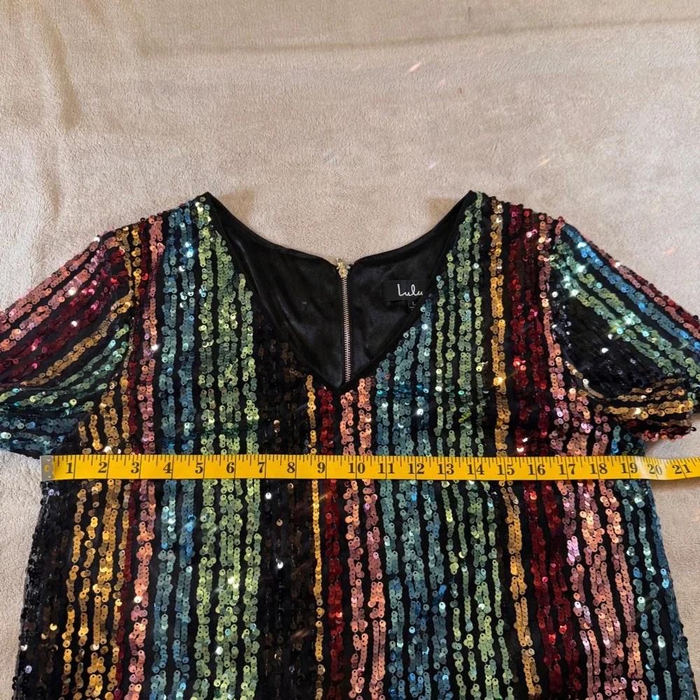 Chic Disco Rainbow Glam Sequin Mini Dress Party NYE Cocktail Stripe Retro Sz L